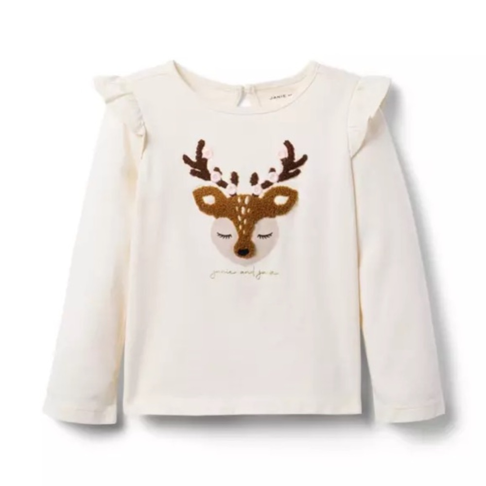 Jamie and Jack Cream Long Sleeve Shirt with Reindeer Design size 6